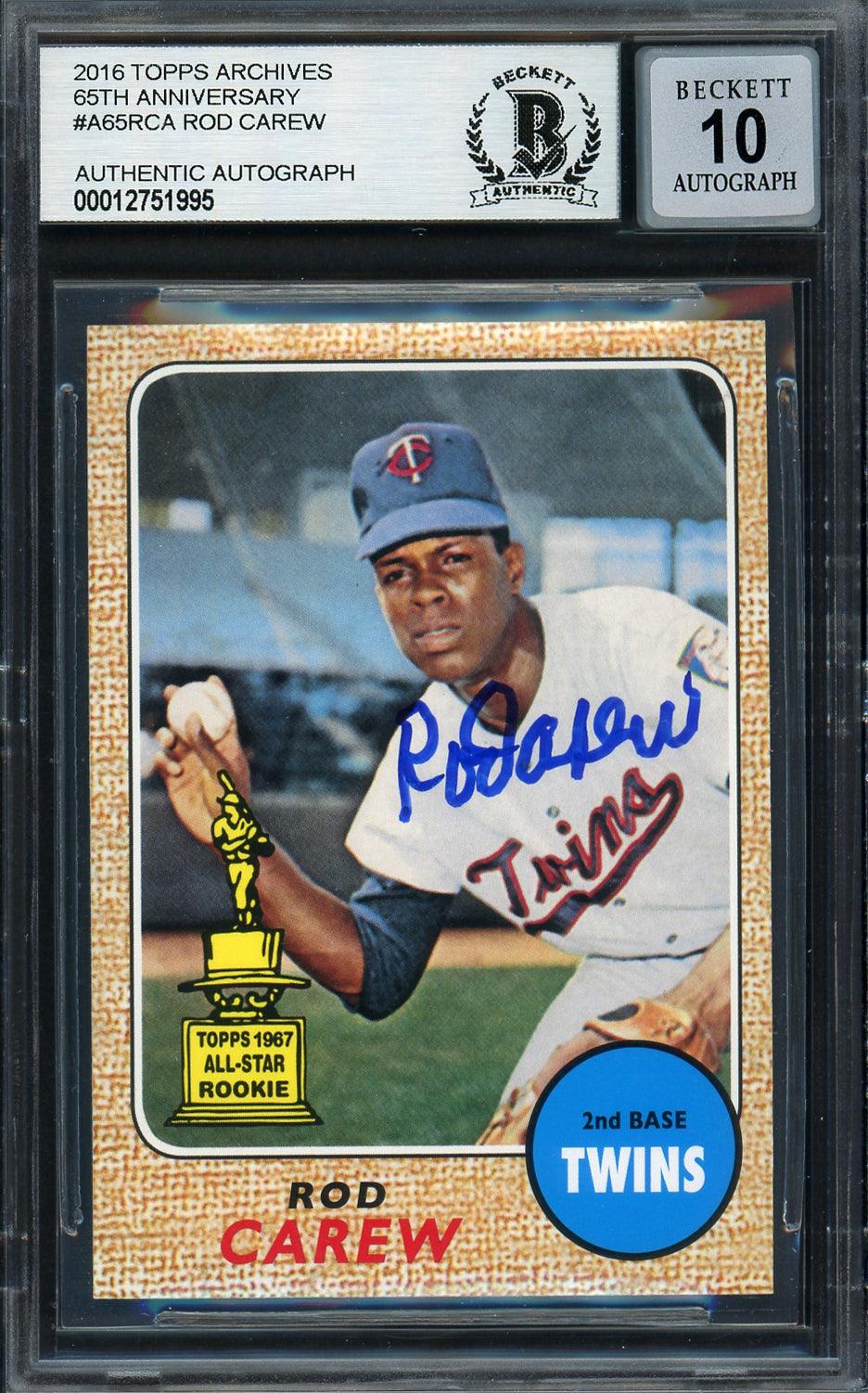 Rod Carew Autographed 2016 Topps Archives 65th Anniversary Card #A65-RCA Minnesota Twins Auto Grade Gem Mint 10 Beckett BAS #12751995