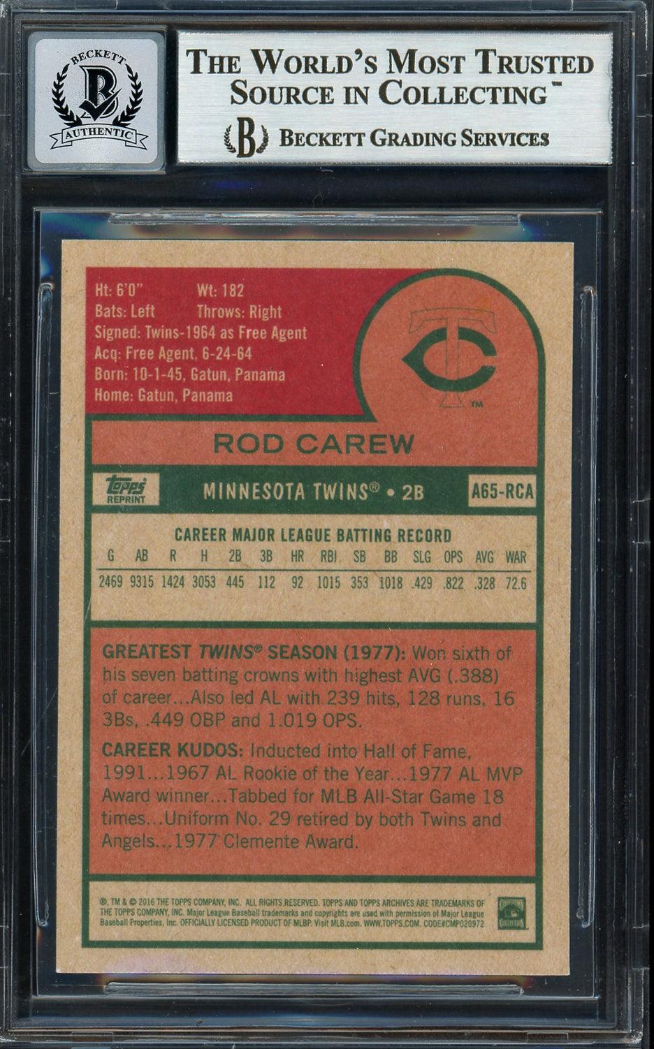 Rod Carew Autographed 2016 Topps Archives 65th Anniversary Card #A65-RCA Minnesota Twins Auto Grade Gem Mint 10 Beckett BAS #12751995