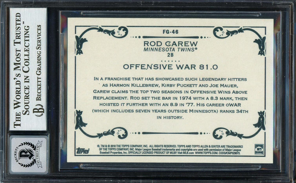Rod Carew Autographed 2018 Topps Allen & Ginter Fantasy Goldmine Card #FG-46 Minnesota Twins Auto Grade Gem Mint 10 Beckett BAS #12752002