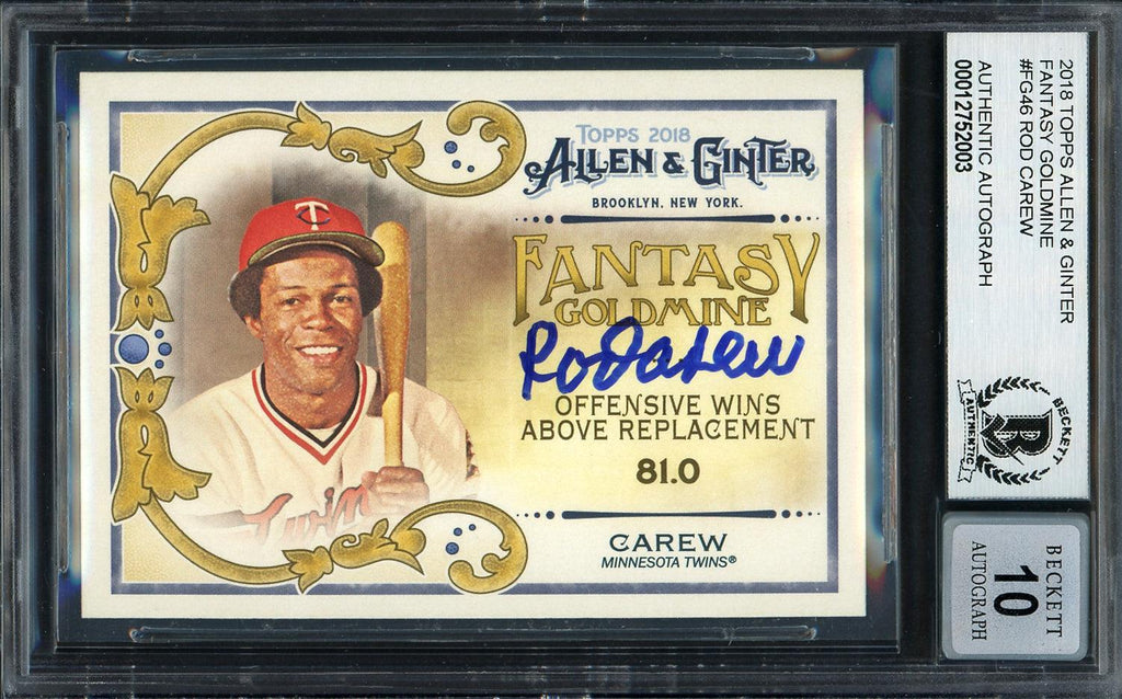 Rod Carew Autographed 2018 Topps Allen & Ginter Fantasy Goldmine Card #FG-46 Minnesota Twins Auto Grade Gem Mint 10 Beckett BAS #12752003