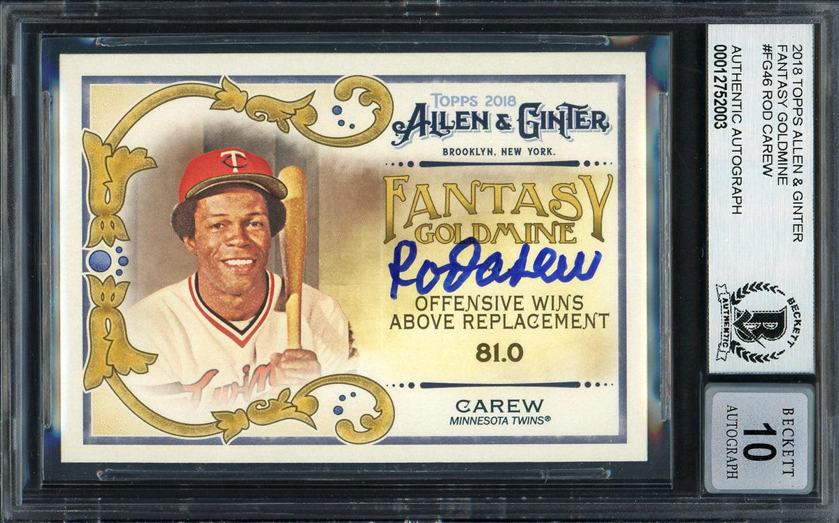 Rod Carew Autographed 2018 Topps Allen & Ginter Fantasy Goldmine Card #FG-46 Minnesota Twins Auto Grade Gem Mint 10 Beckett BAS #12752003