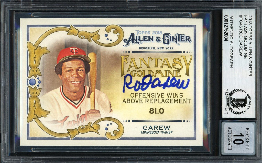 Rod Carew Autographed 2018 Topps Allen & Ginter Fantasy Goldmine Card #FG-46 Minnesota Twins Auto Grade Gem Mint 10 Beckett BAS #12752004