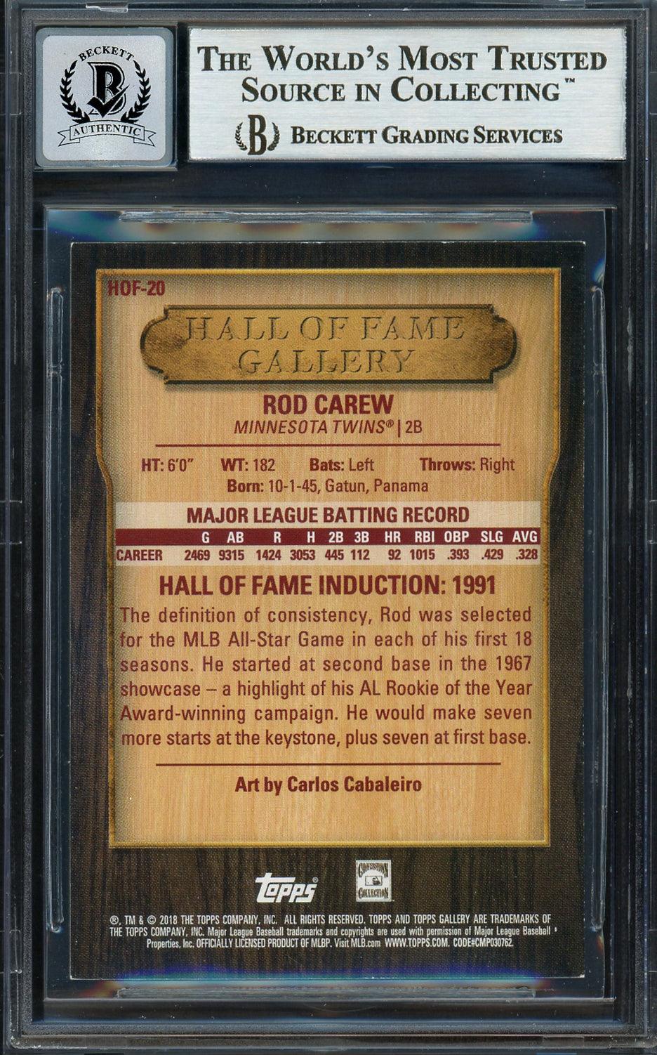 Rod Carew Autographed 2018 Topps Gallery Card #HOF-20 Minnesota Twins Auto Grade Gem Mint 10 Beckett BAS #12752013