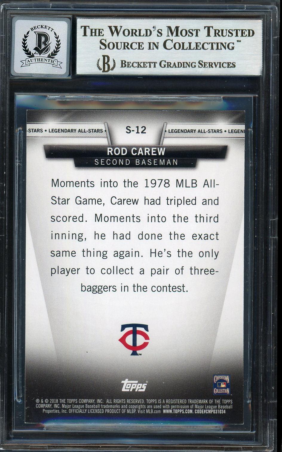 Rod Carew Autographed 2018 Topps Legendary All Stars Card #S-12 Minnesota Twins Auto Grade Gem Mint 10 Beckett BAS Stock #192821
