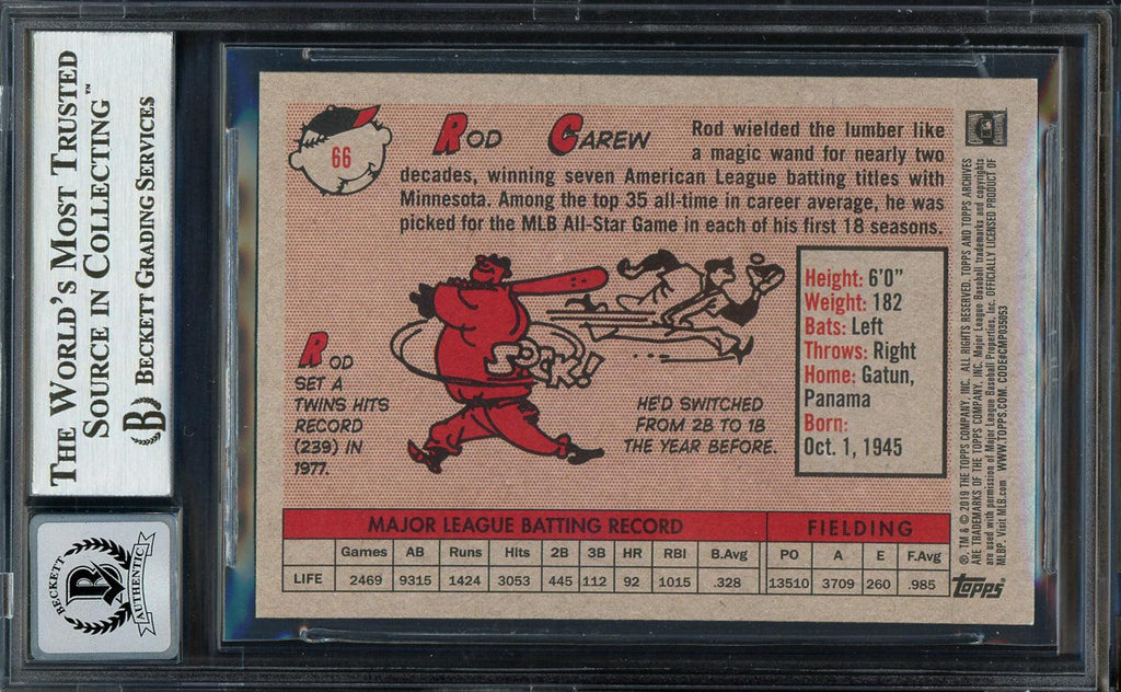 Rod Carew Autographed 2019 Topps Archives Card #66 Minnesota Twins Auto Grade Gem Mint 10 Beckett BAS Stock #192834