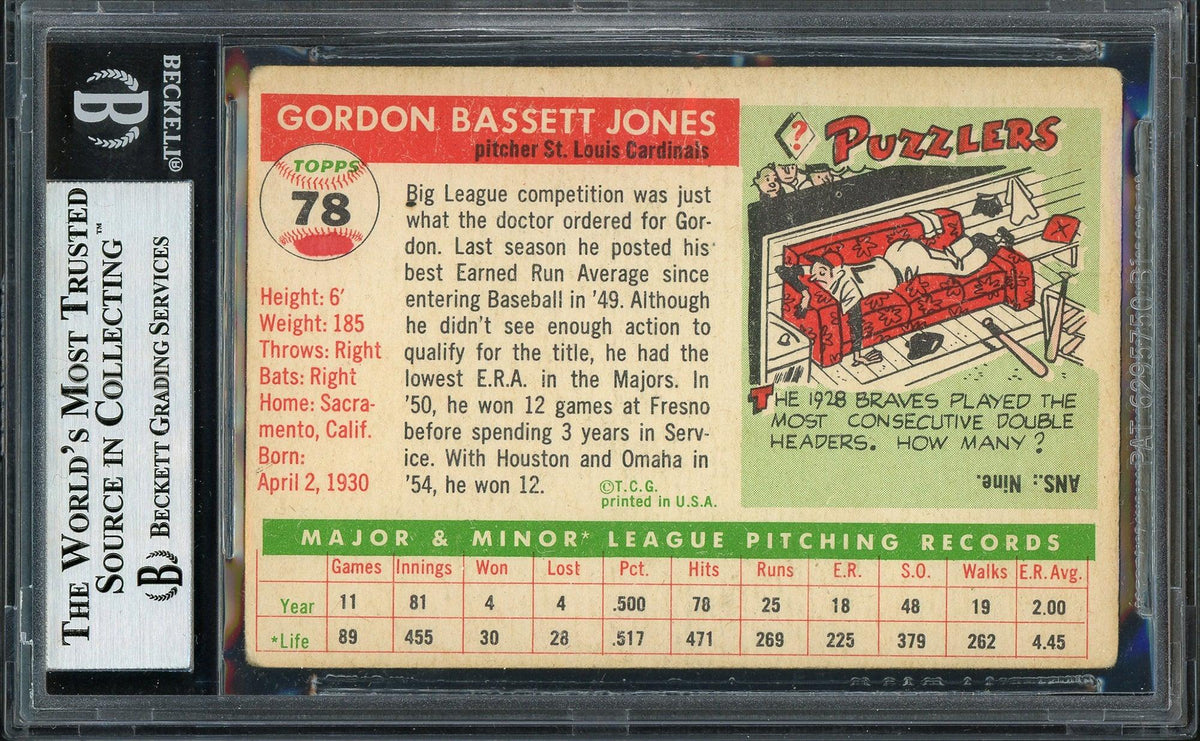 Gordon Jones Autographed 1955 Topps Rookie Card #78 St. Louis Cardinals Beckett BAS #12351501