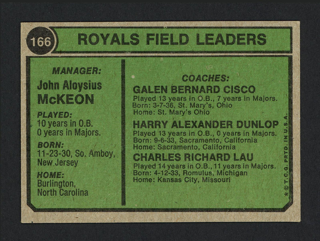 Charlie Lau & Jack McKeon Autographed 1974 Topps Card #166 Kansas City Royals SKU #165865