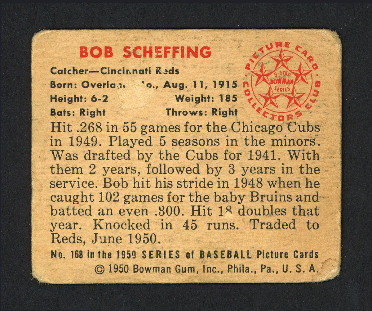 Bob Scheffing Autographed 1950 Bowman Card #168 Cincinnati Reds SKU #164320