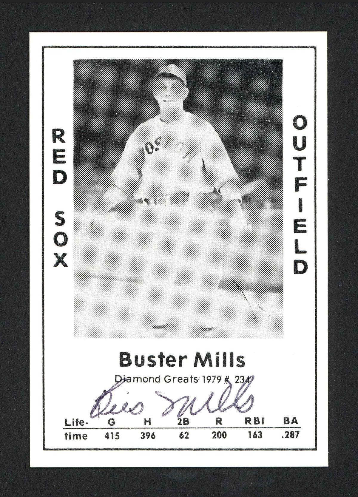 Buster Mills Autographed 1979 Diamond Greats Card #234 Boston Red Sox SKU #165879