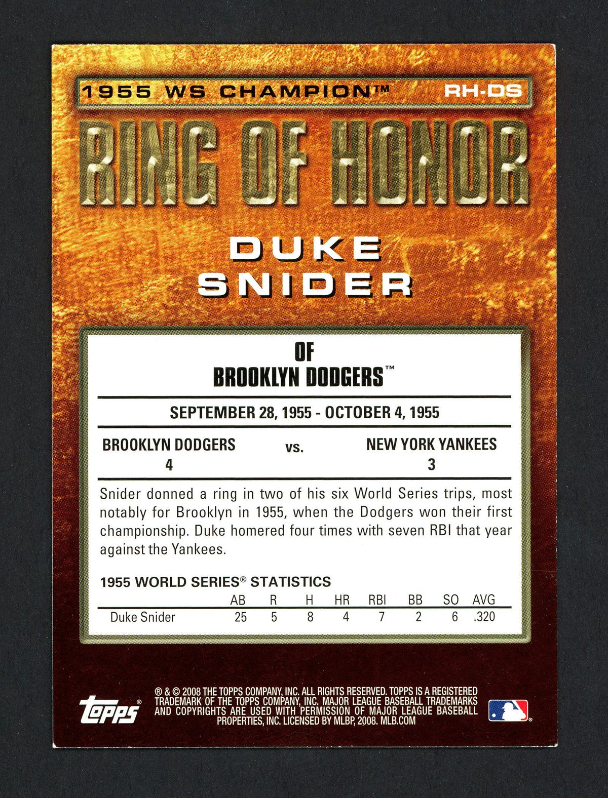 Duke Snider Autographed 2006 Topps Ring Of Honor Card #RH-DS Brooklyn Dodgers SKU #160171
