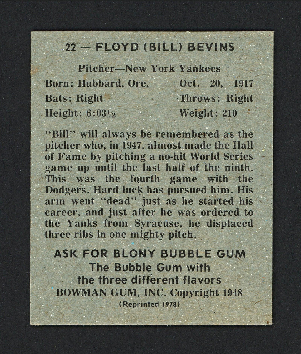 Bill Bevens Autographed 1978 Bowman 1948 Bowman Reprint Card #22 New York Yankees SKU #165912