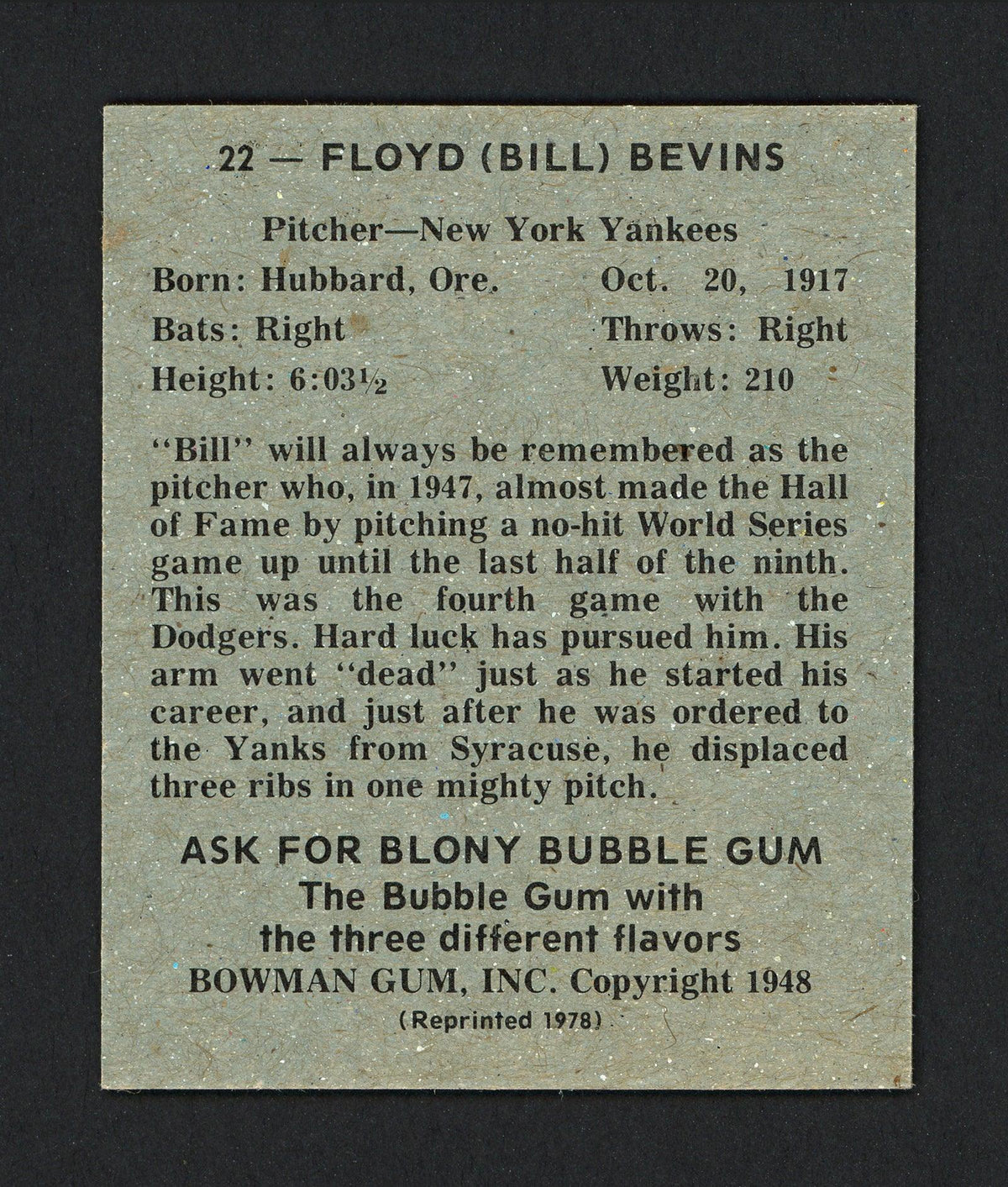 Bill Bevens Autographed 1978 Bowman 1948 Bowman Reprint Card #22 New York Yankees SKU #165912