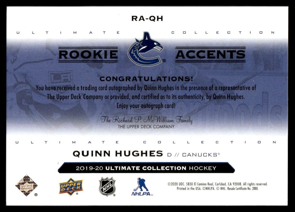 2019 Upper Deck Ultimate Collection RA-QH Quinn Hughes Rookie Accents Rookie 177 Canucks Auto