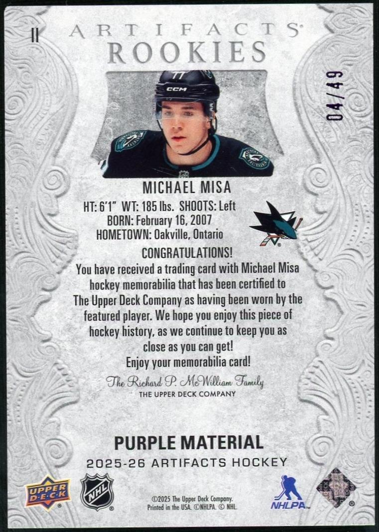 2025-26 Upper Deck Artifacts Rookies Material Purple Patch Michael Misa /49