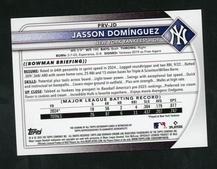 2023 Bowman PRV-JD Jasson Dominguez Bowman Chrome Orange /75 VG New York Yankees Auto