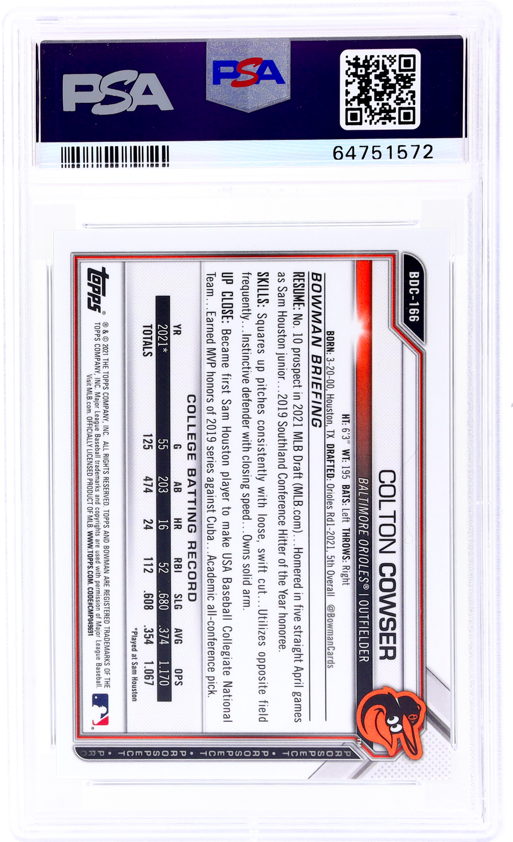 2021 Bowman Draft Chrome Sapphire Colton Cowser #BDC166 /20 PSA 9