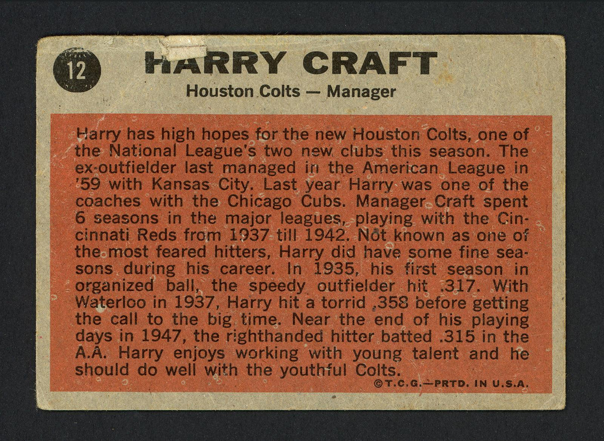 Harry Craft Autographed 1962 Topps Card #12 Houston Colt .45's (Creases) SKU #162273