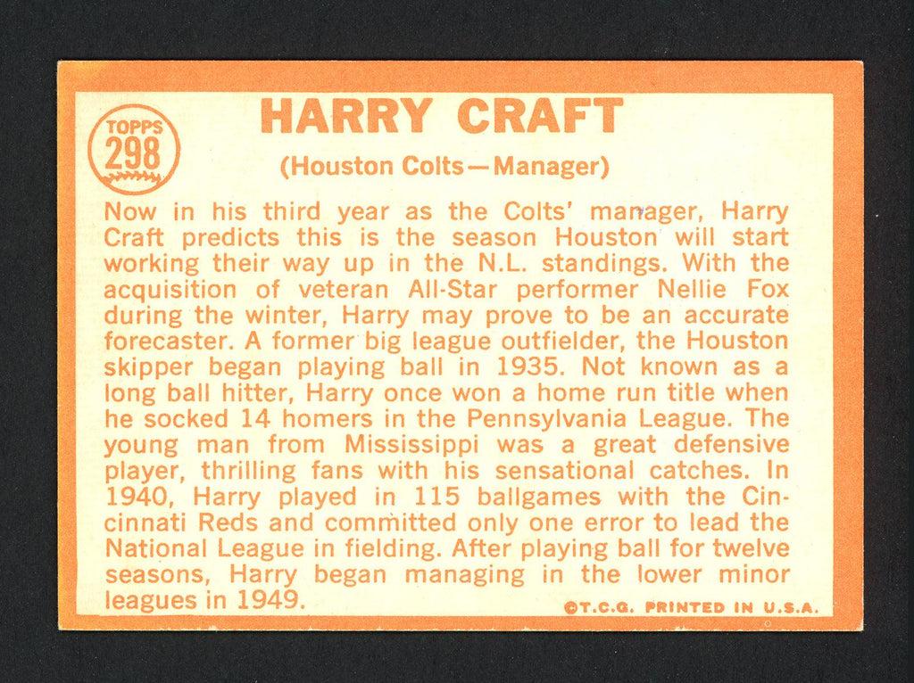 Harry Craft Autographed 1964 Topps Card #298 Houston Colt .45's SKU #162274