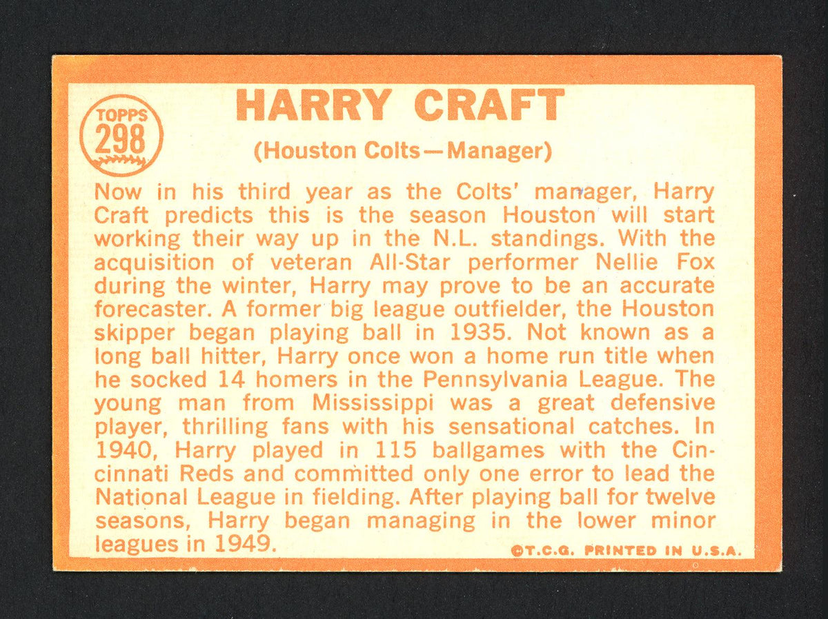 Harry Craft Autographed 1964 Topps Card #298 Houston Colt .45's SKU #162274