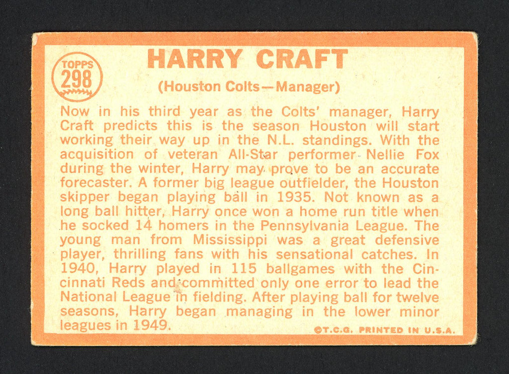 Harry Craft Autographed 1964 Topps Card #298 Houston Colt .45's SKU #162275