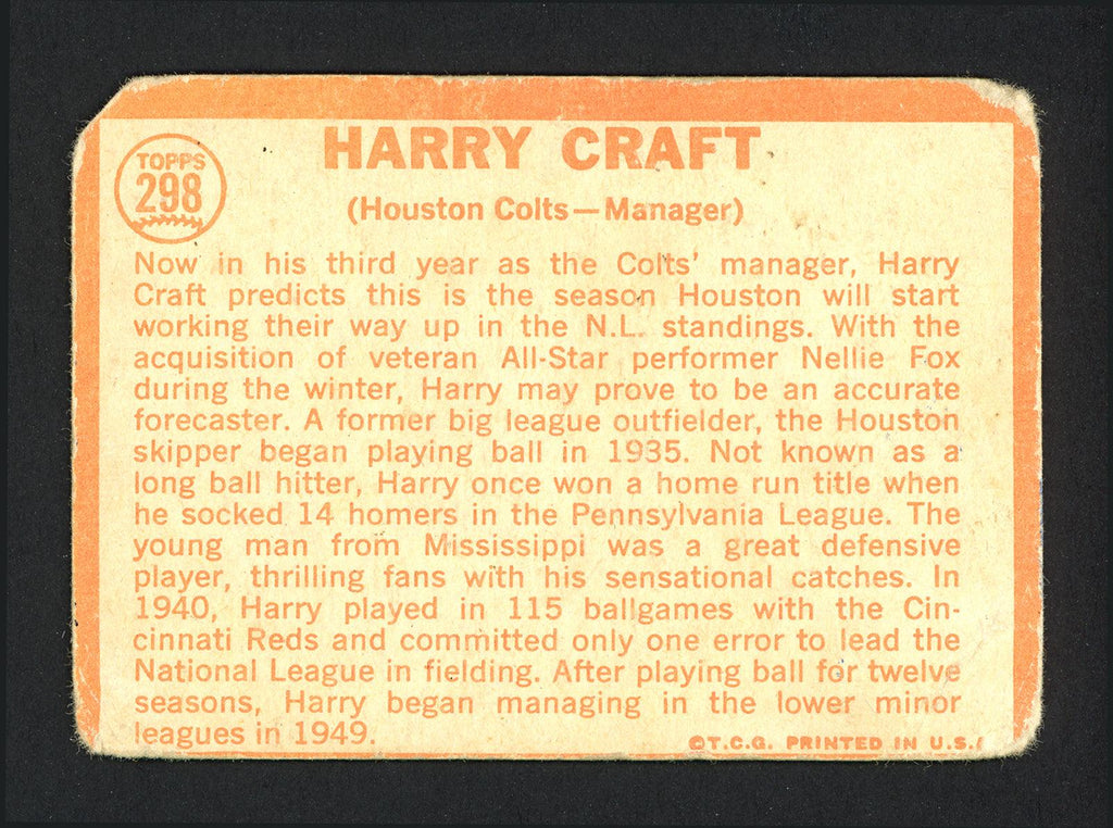 Harry Craft Autographed 1964 Topps Card #298 Houston Colt .45's (Creases) SKU #162276