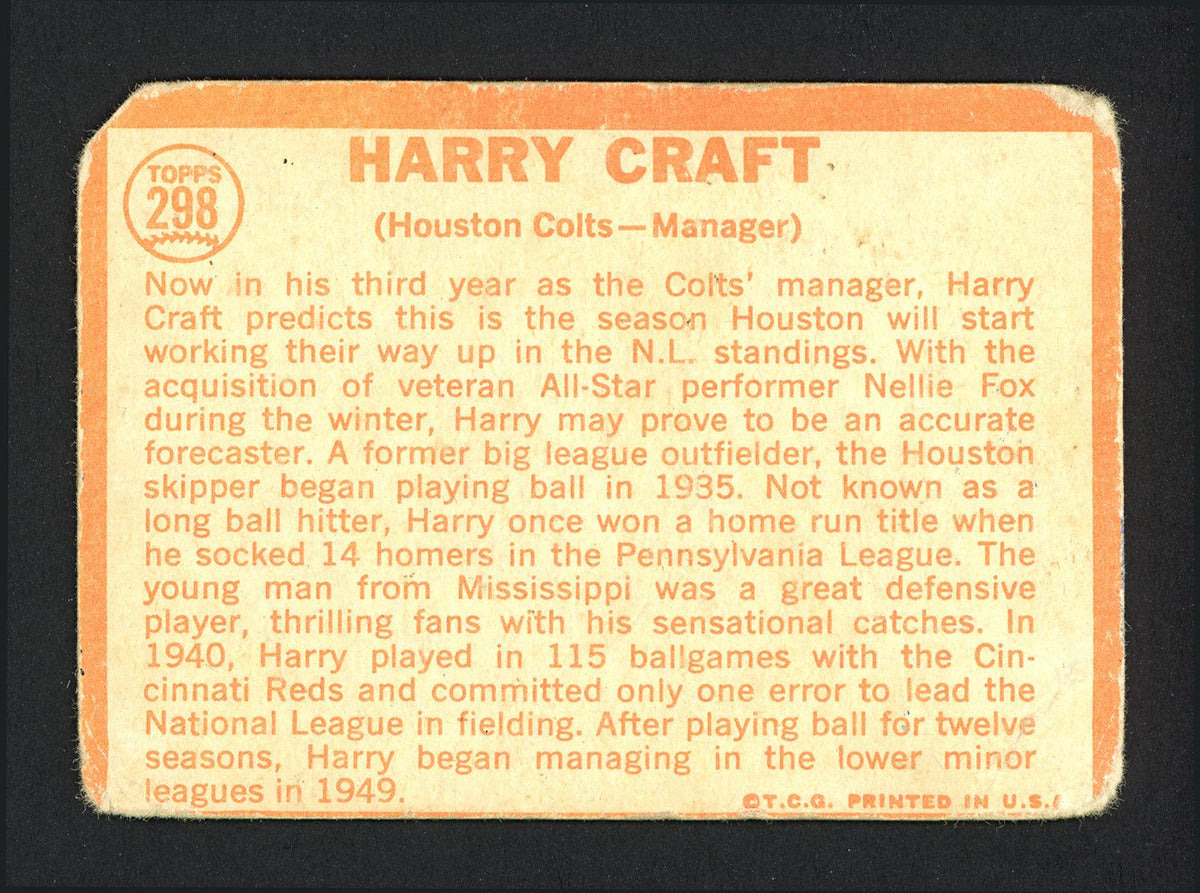 Harry Craft Autographed 1964 Topps Card #298 Houston Colt .45's (Creases) SKU #162276