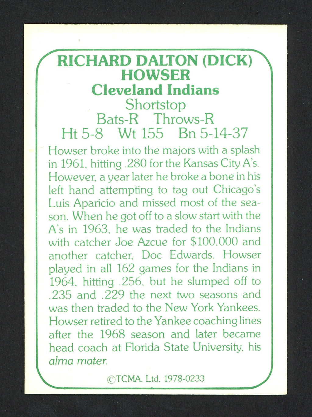 Dick Howser Autographed 1979 TCMA Card #233 Cleveland Indians SKU #164517