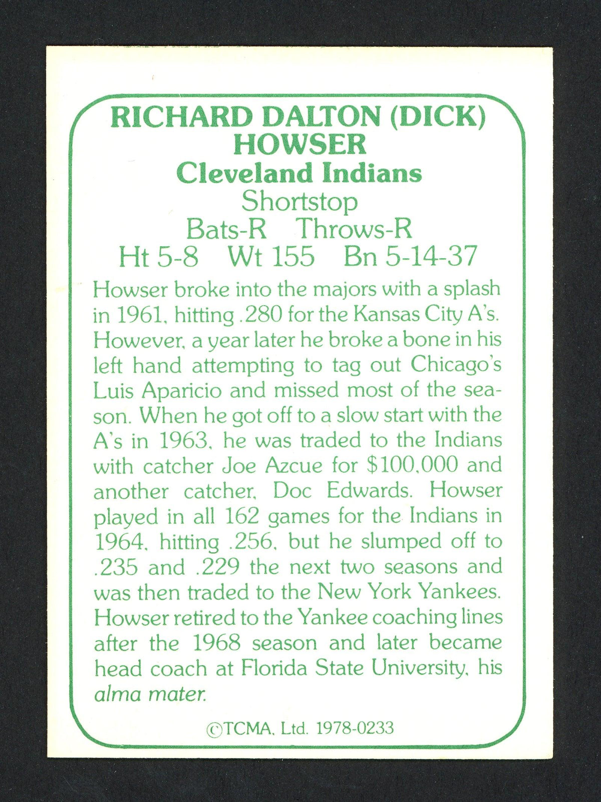 Dick Howser Autographed 1979 TCMA Card #233 Cleveland Indians SKU #164517
