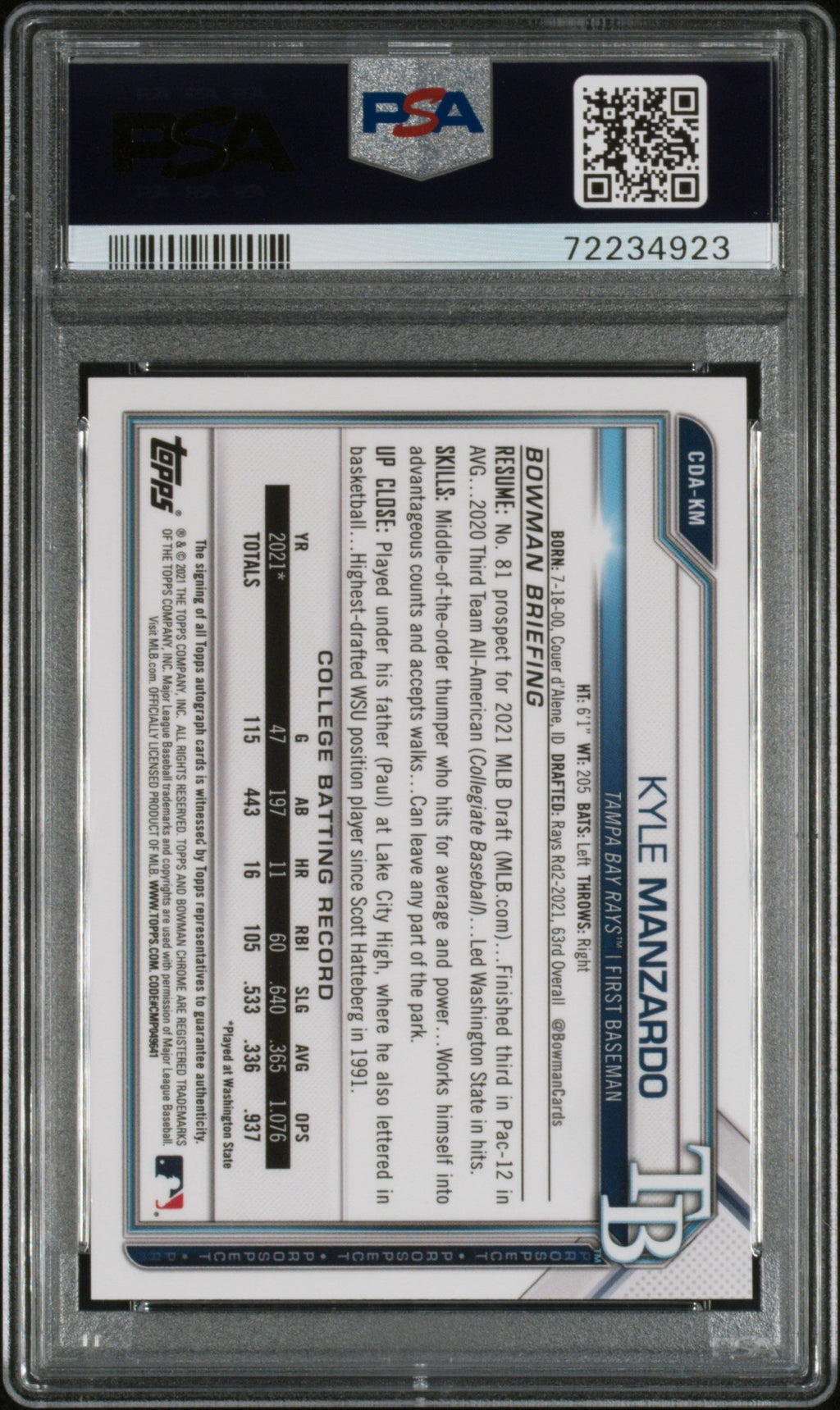 2021 Bowman Draft Chrome Autograph Blue Refractor Kyle Manzardo #CDAKM /150 PSA 10