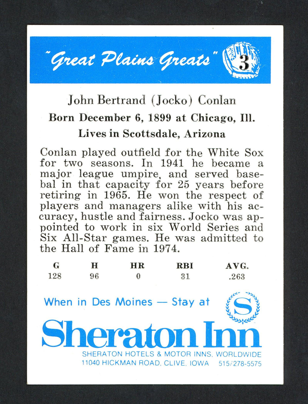Jocko Conlan Autographed 1975 Great Plains Great Card #3 Chicago White Sox SKU #160435