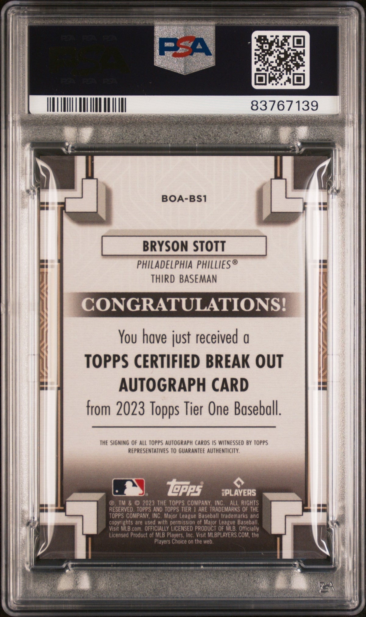 2023 Topps Tier One Break Out Autographs Bronze Ink Bryson Stott #BOABS1 /25 PSA 10