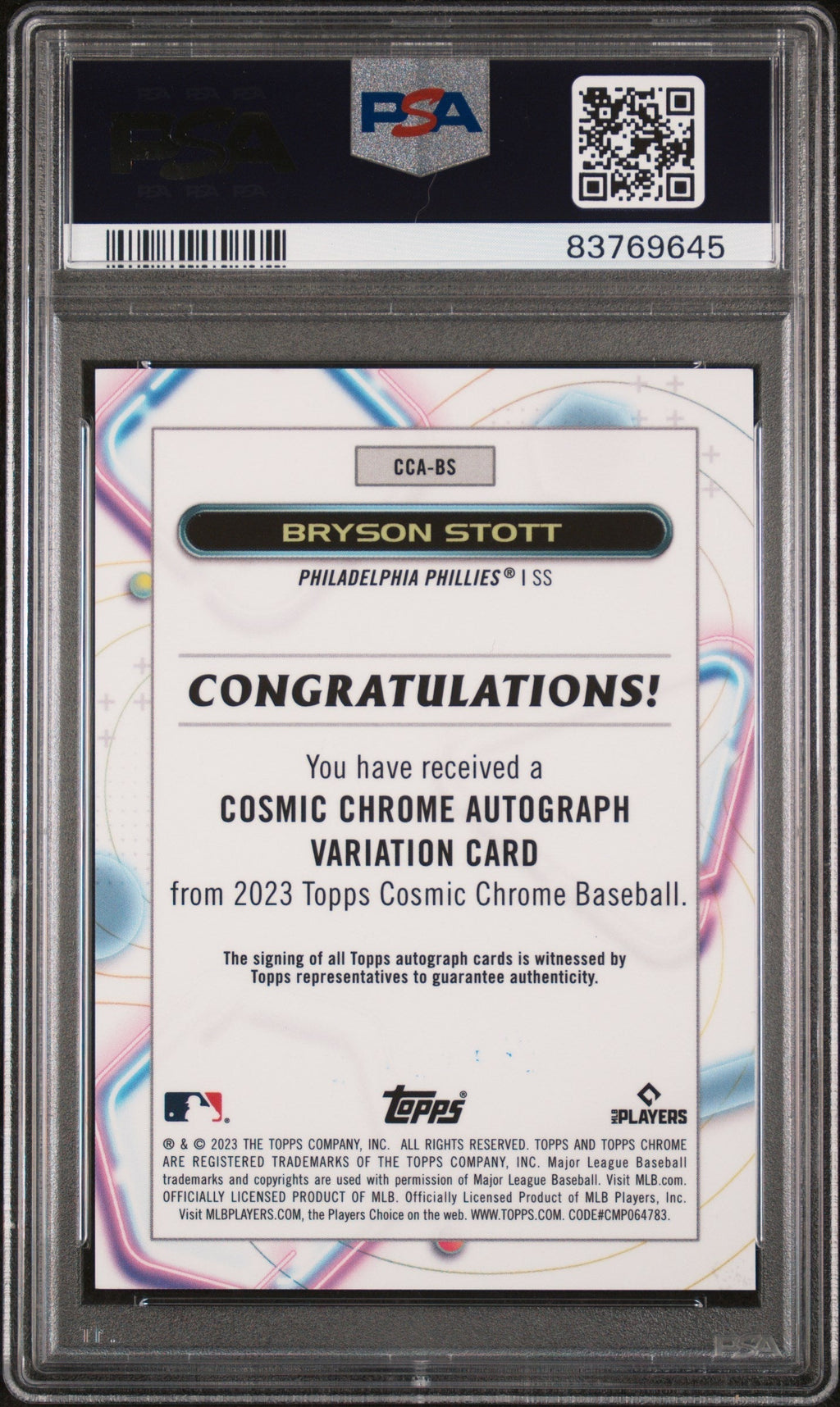 2023 Topps Cosmic Chrome Autograph Black Eclipse Refractor Bryson Stott #CCABS /10 PSA 10