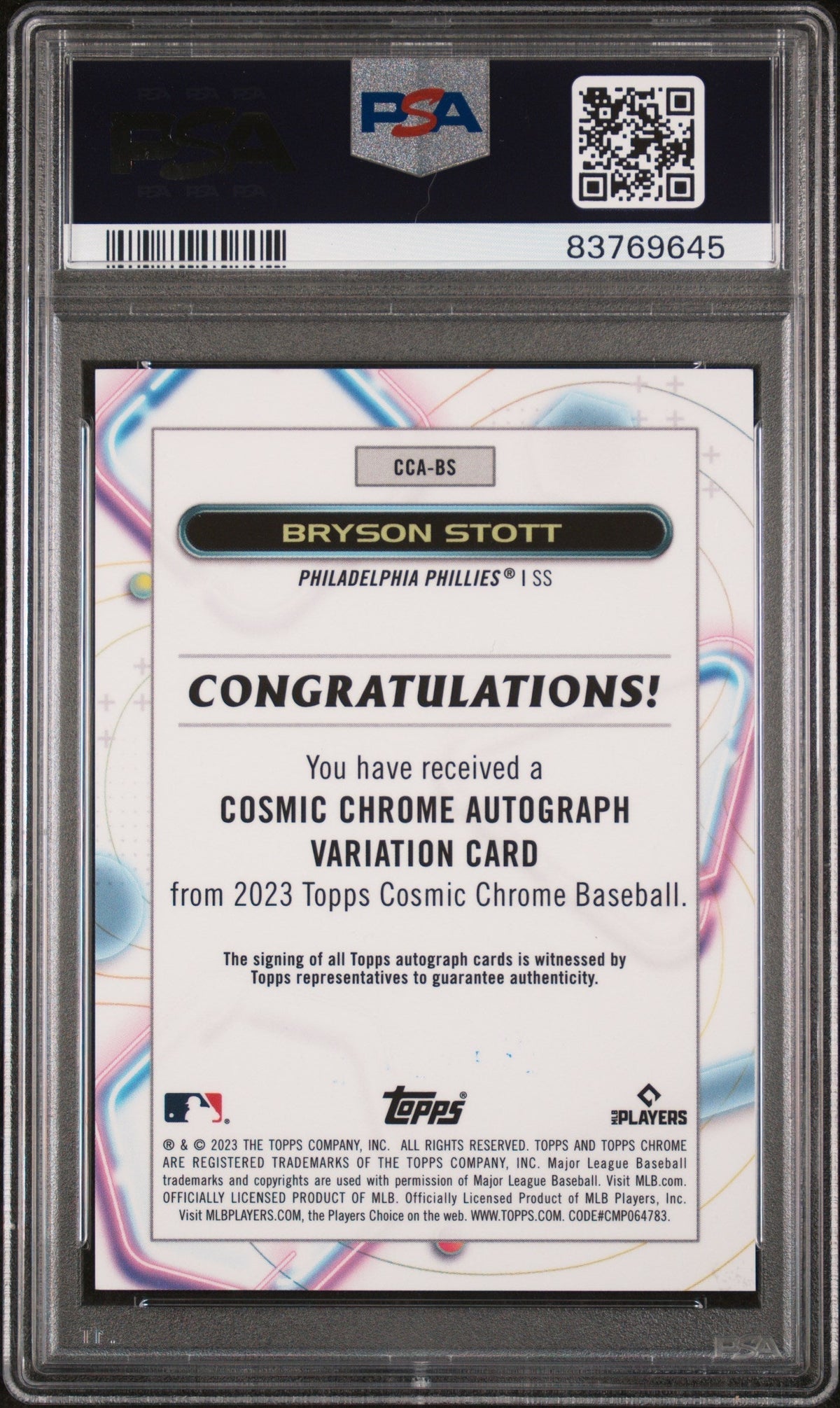 2023 Topps Cosmic Chrome Autograph Black Eclipse Refractor Bryson Stott #CCABS /10 PSA 10