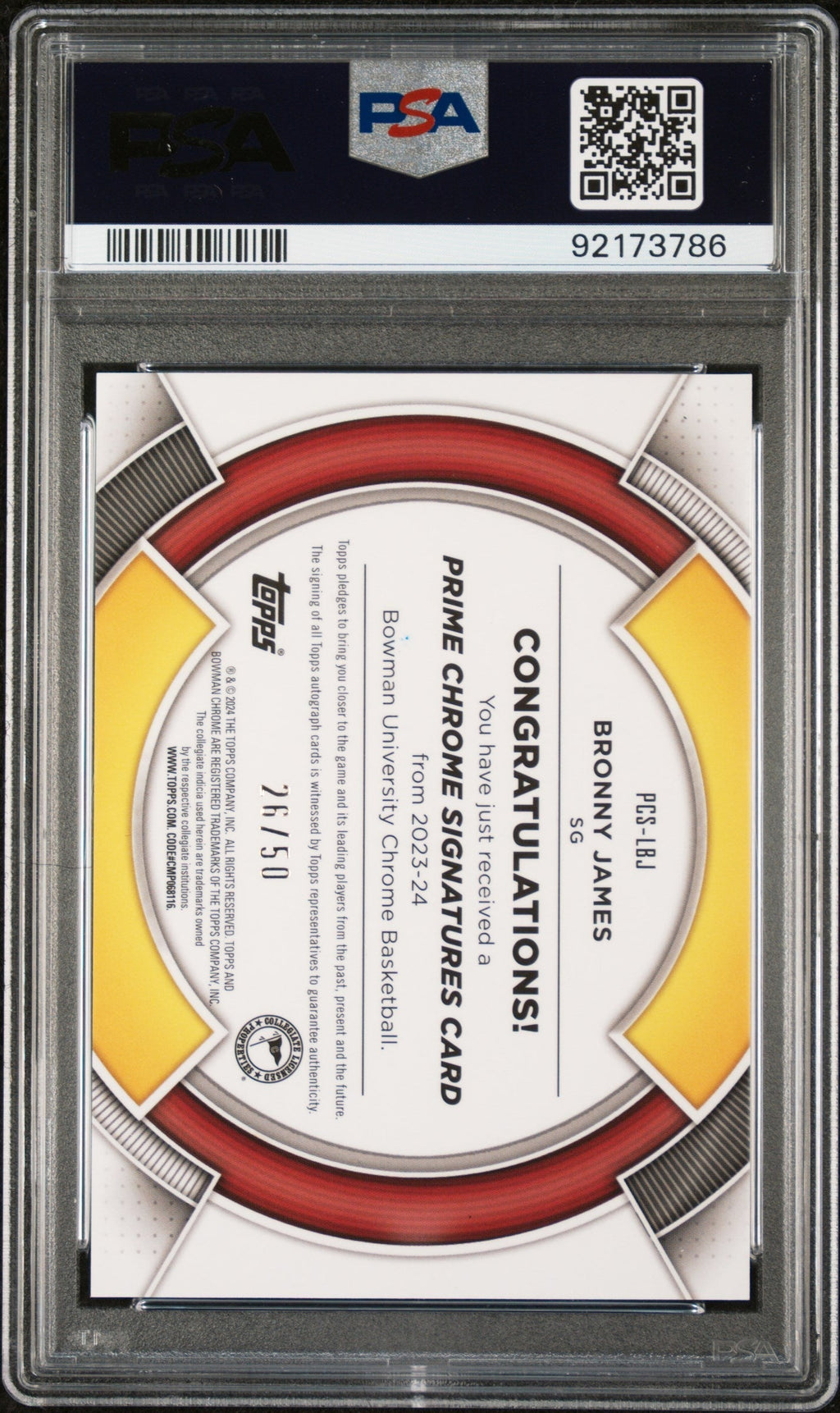 2023 Bowman University Chrome Prime Signatures Bronny James Jr. #PCSLBJ /150 PSA 10