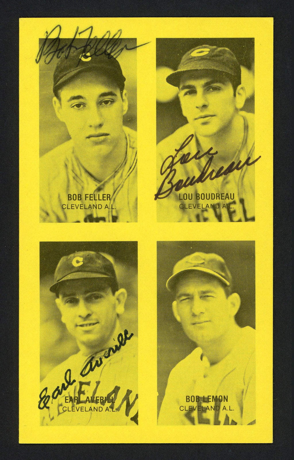 Earl Averill, Lou Boudreau & Bob Feller Autographed 1977 Jim Rowe 4-On-1 Exhibit Card Cleveland Indians SKU #161030