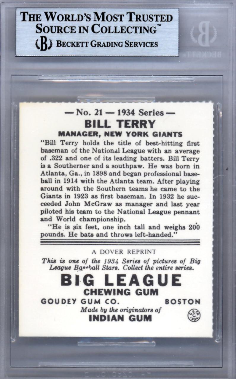 Bill Terry Autographed 1984 1934 Goudey Reprint Card #21 New York Giants Beckett BAS #9888091