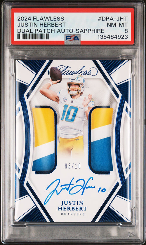 2024 Panini Flawless Dual Patch Autograph Sapphire Justin Herbert #DPA-JHT /10 PSA 8 – front