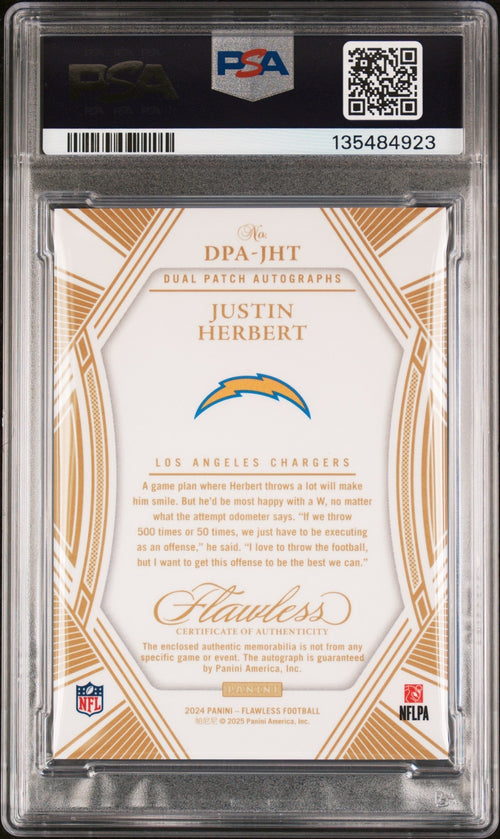 2024 Panini Flawless Dual Patch Autograph Sapphire Justin Herbert #DPA-JHT /10 PSA 8 – back