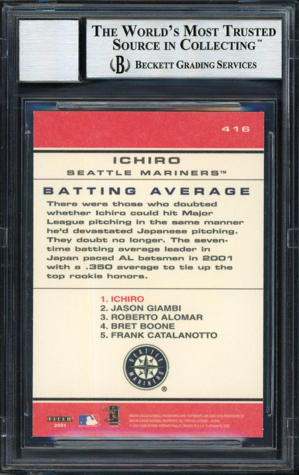 Ichiro Suzuki Autographed 2001 Fleer Platinum Chart Toppers Rookie Card #416 Seattle Mariners Auto Grade 10 Beckett BAS #12490855