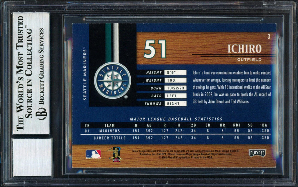 Ichiro Suzuki Autographed 2002 Playoff Piece of the Game Card #3 Seattle Mariners Auto Grade 10 Beckett BAS #12491008