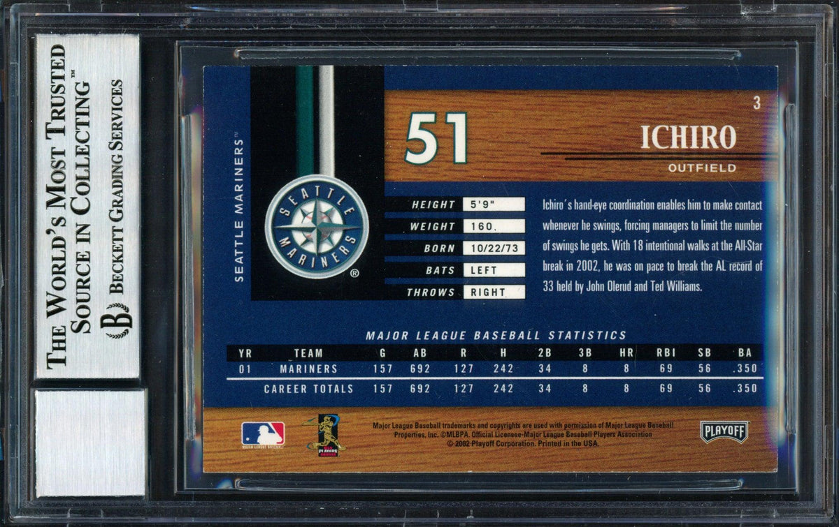 Ichiro Suzuki Autographed 2002 Playoff Piece of the Game Card #3 Seattle Mariners Auto Grade 10 Beckett BAS #12491008