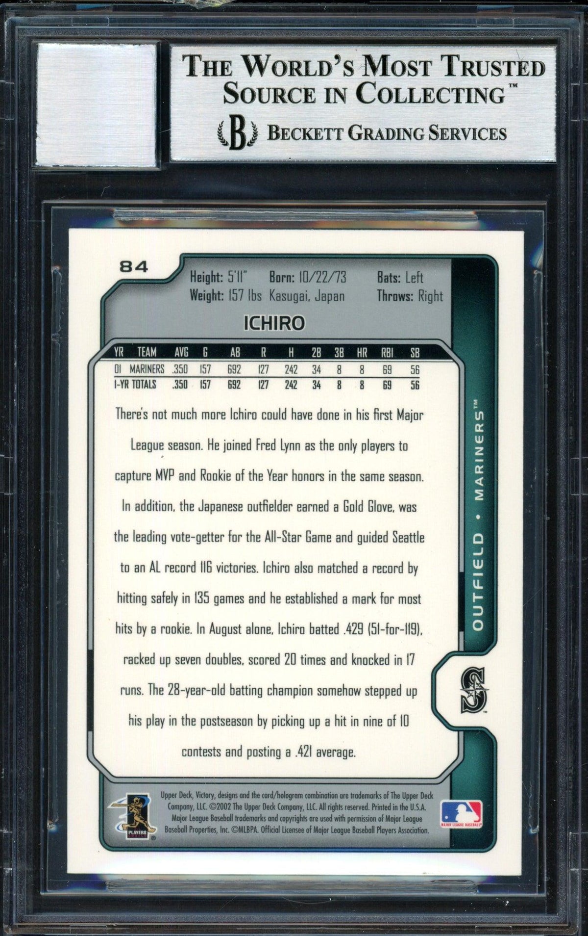 Ichiro Suzuki Autographed 2002 Upper Deck Victory Card #84 Seattle Mariners Auto Grade 10 Beckett BAS #12491152