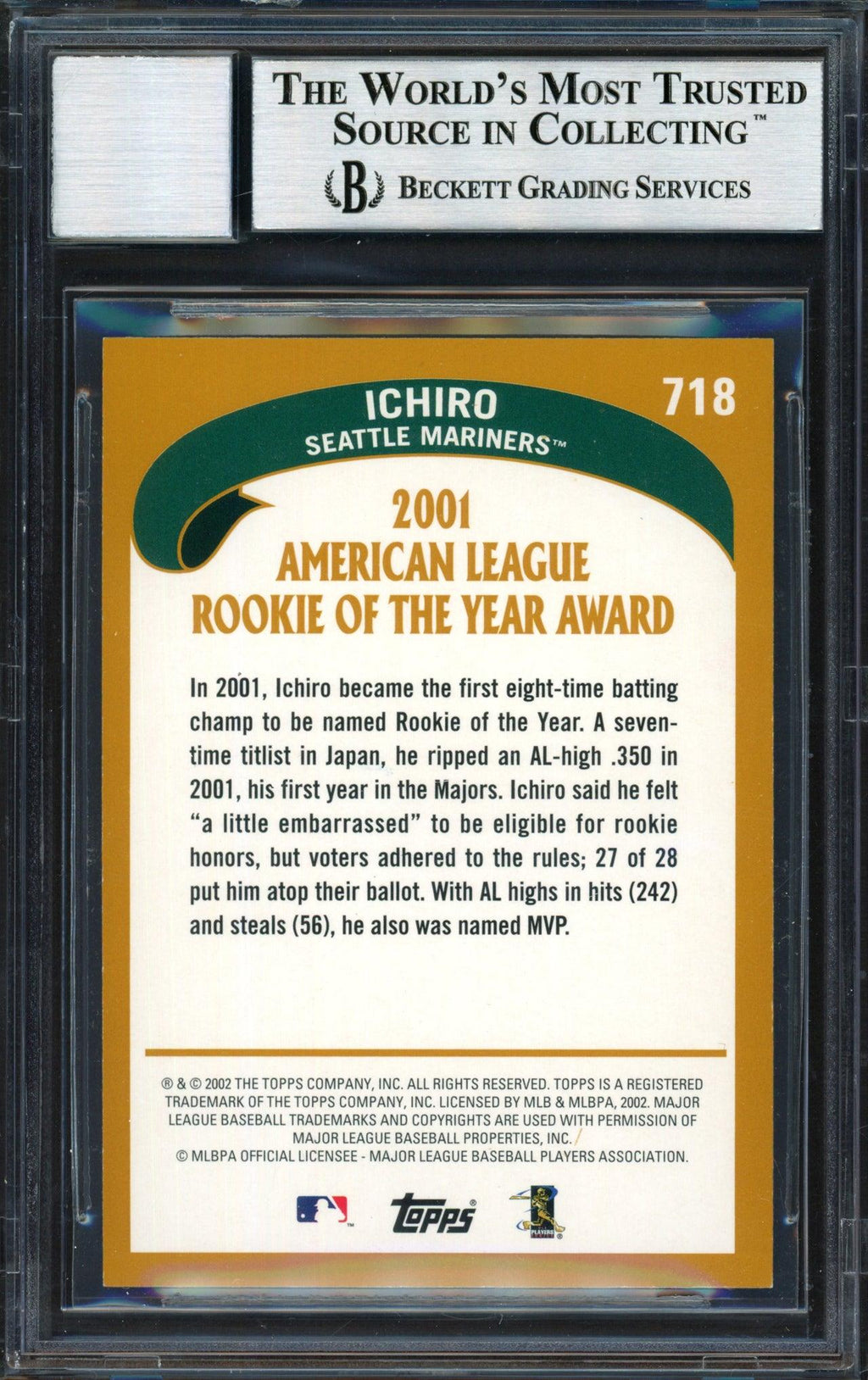 Ichiro Suzuki Autographed 2002 Topps Card #718 Seattle Mariners Auto Grade 10 Beckett BAS #12491245