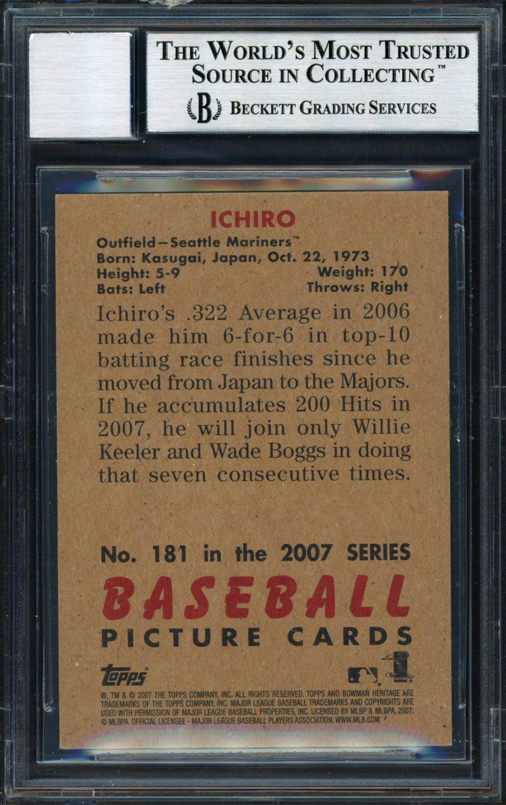Ichiro Suzuki Autographed 2007 Bowman Heritage Card #181 Seattle Mariners Auto Grade 10 Beckett BAS #12491487