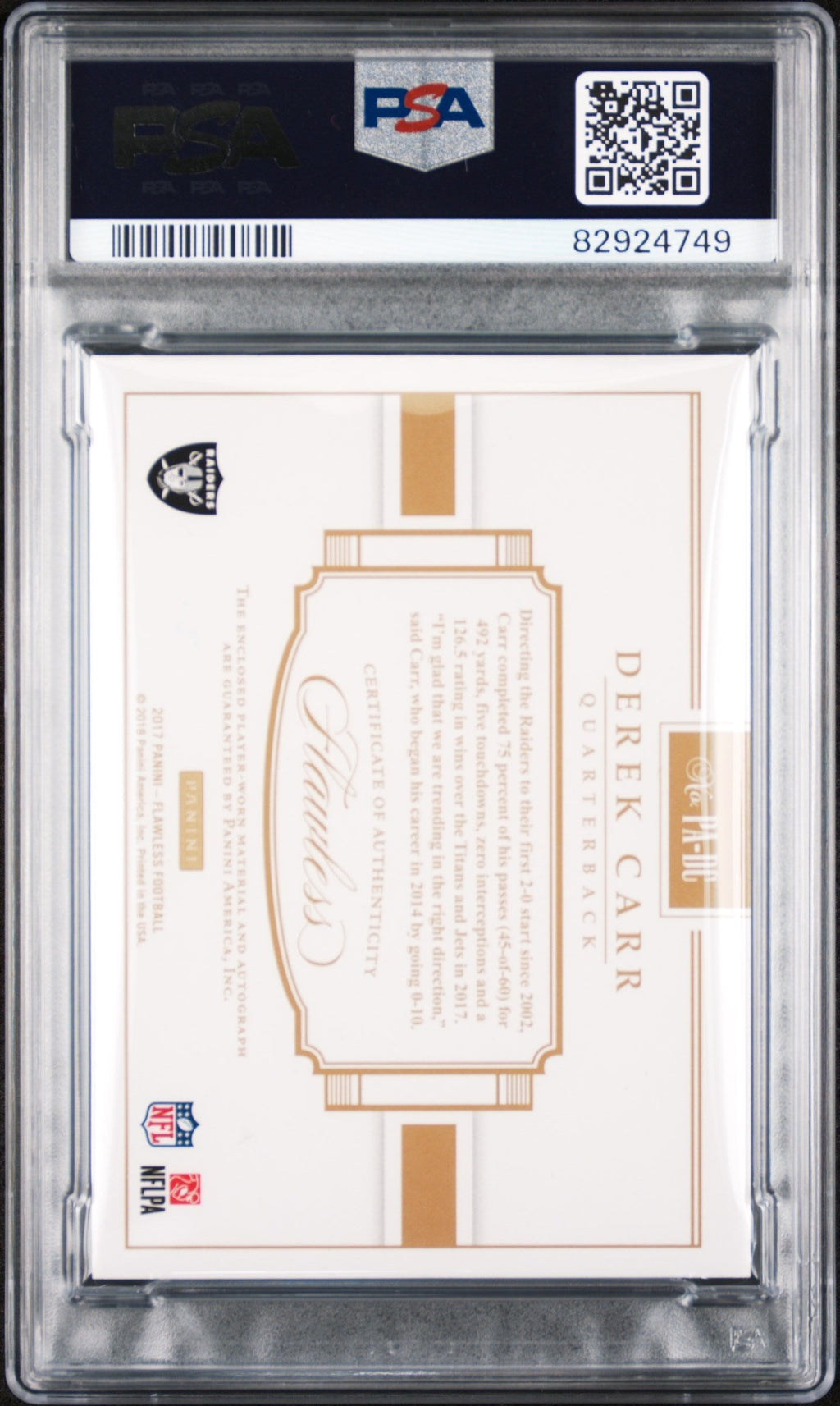 2017 Panini Flawless Derek Carr #PA-DC Patch Auto /5 PSA 9