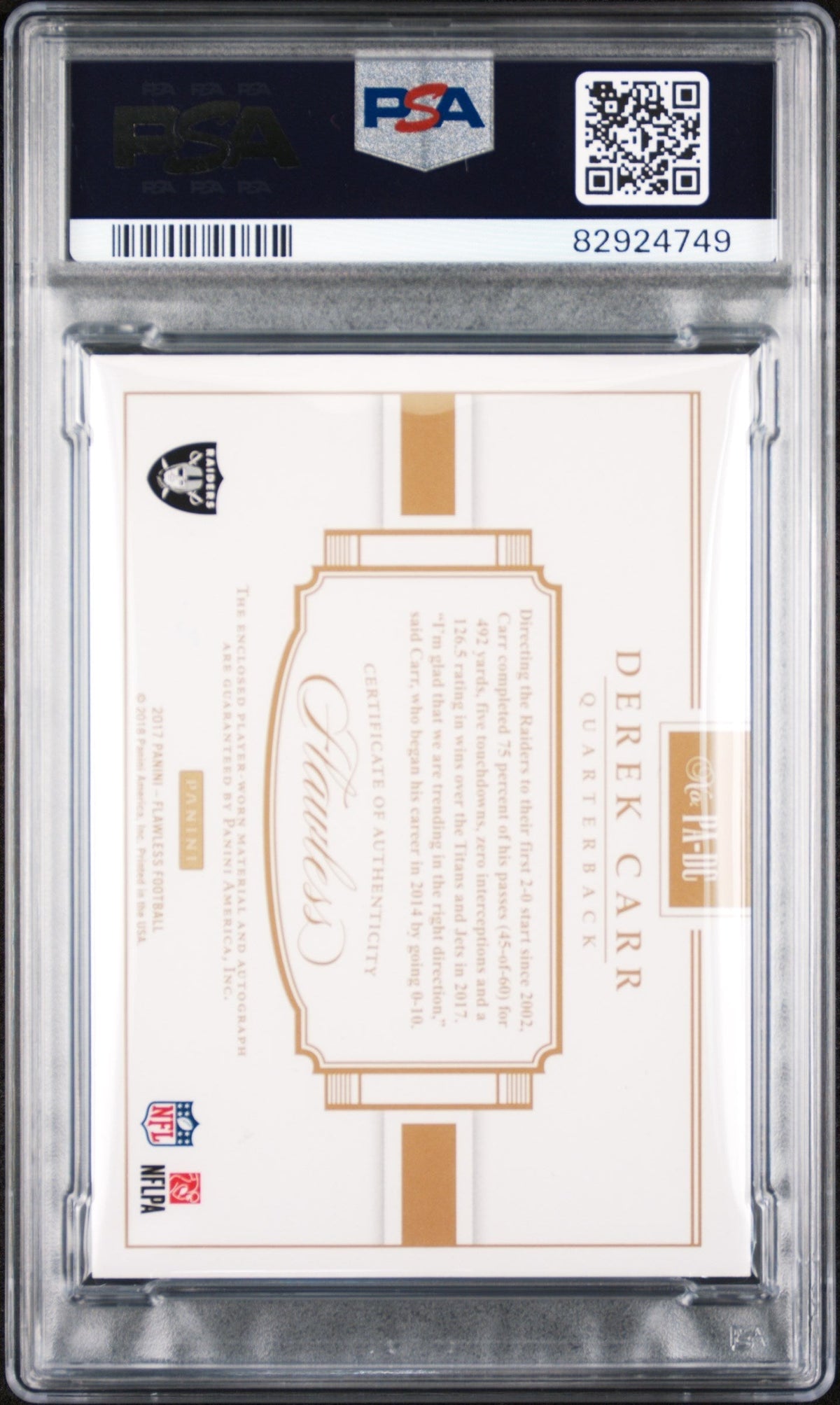 2017 Panini Flawless Derek Carr #PA-DC Patch Auto /5 PSA 9