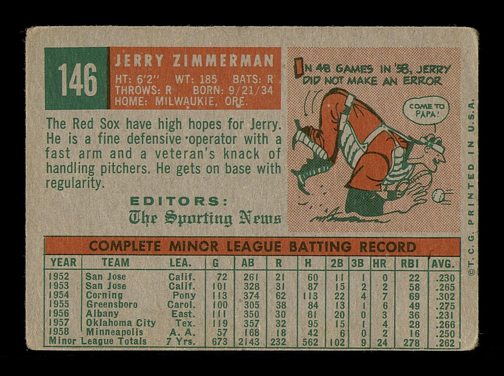 Jerry Zimmerman Autographed 1959 Topps Rookie Card #146 Boston Red Sox SKU #182939