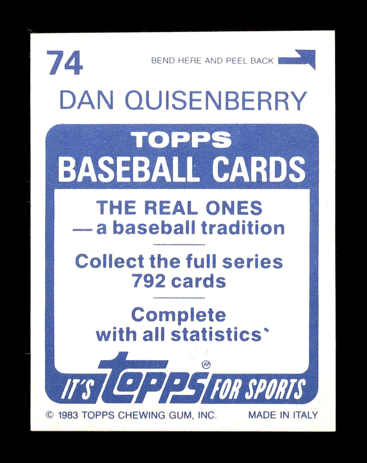 Dan Quisenberry Autographed 1983 Topps Sticker Card #74 Kansas City Royals SKU #178443