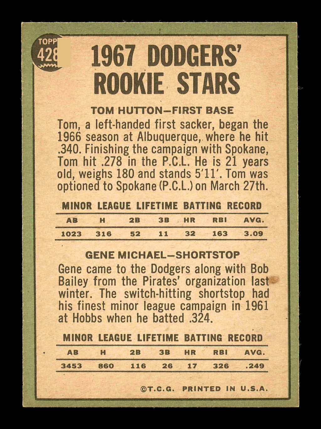 Gene Michael & Tom Hutton Autographed 1967 Topps Rookie Card #428 Los Angeles Dodgers SKU #178504