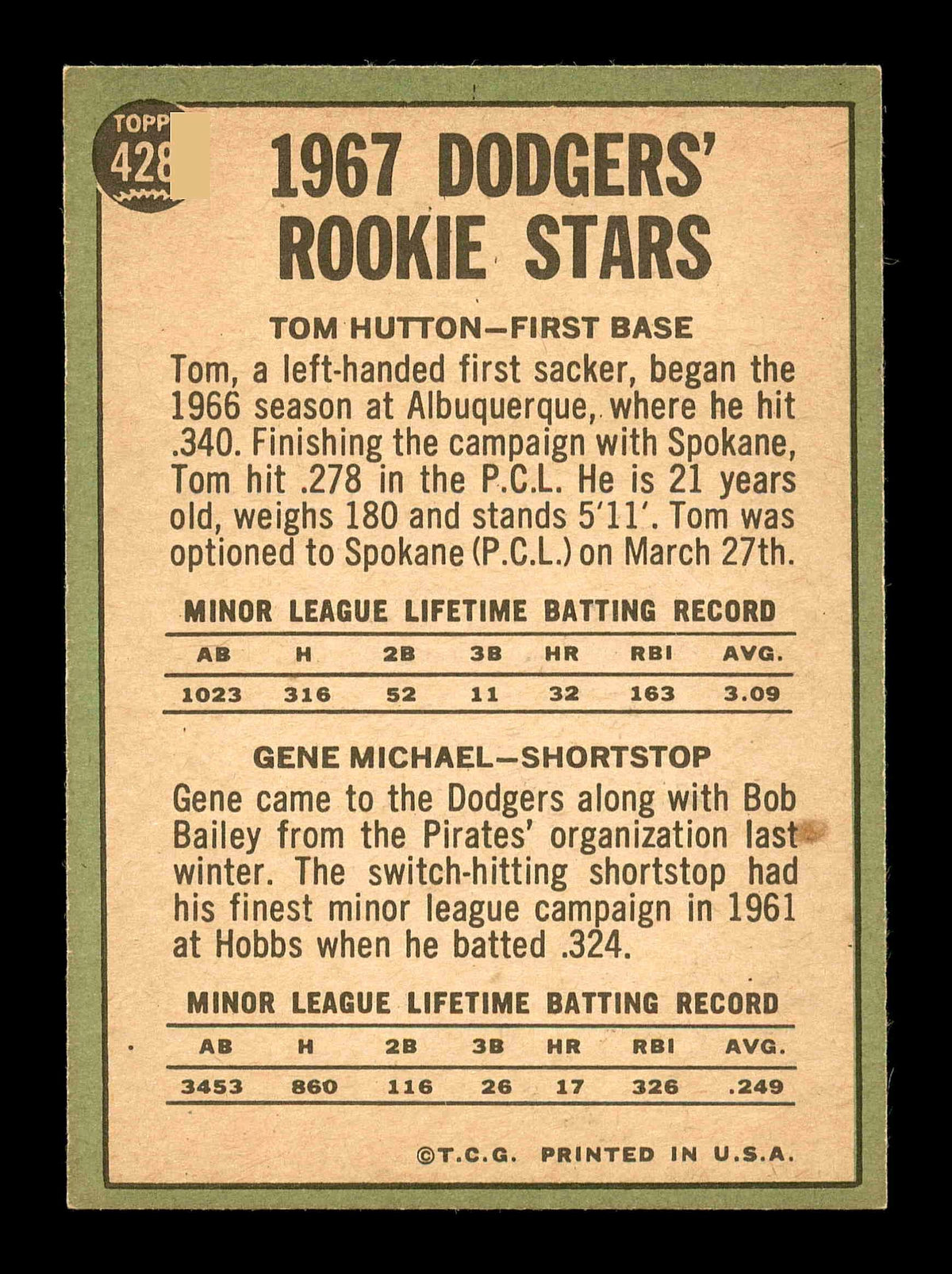 Gene Michael & Tom Hutton Autographed 1967 Topps Rookie Card #428 Los Angeles Dodgers SKU #178504